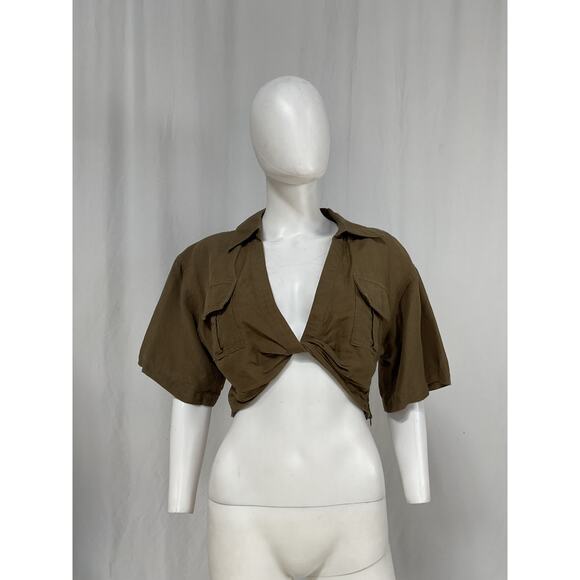 L'Academie 'The Chrisa' Green Linen Crop Blouse Size M - Picture 2 of 5